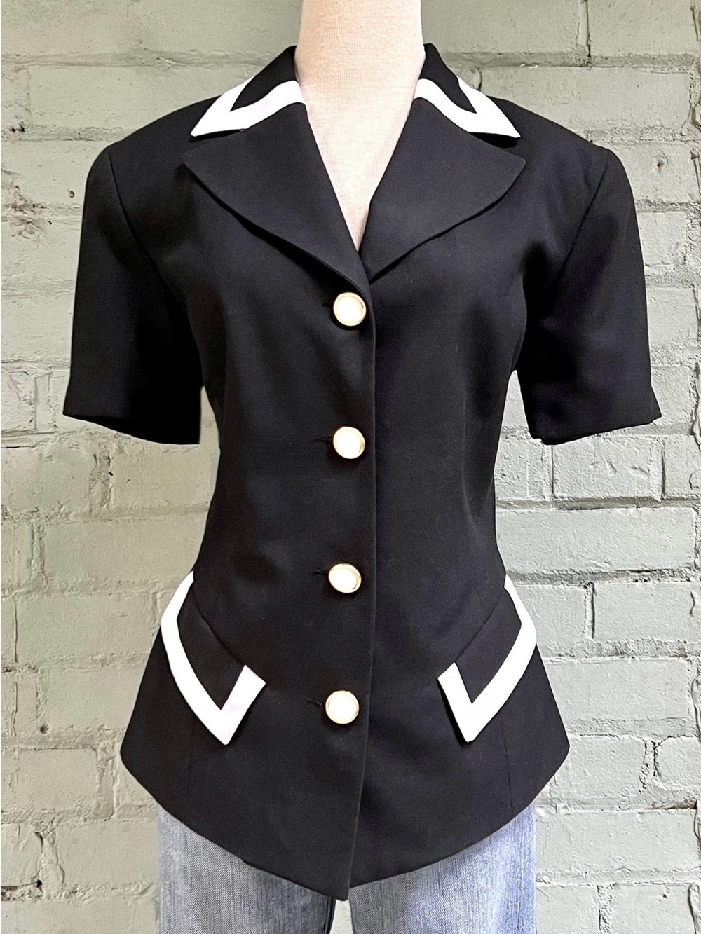 Vintage Black Short-Sleeve Blazer with White Trim